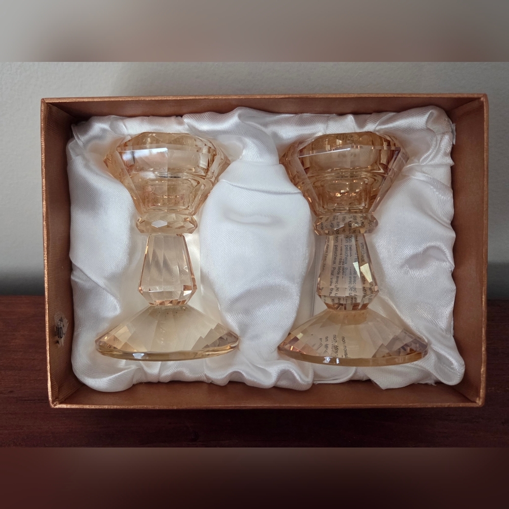 Amber Shimmer Crudtal 4" Candlestick Pair